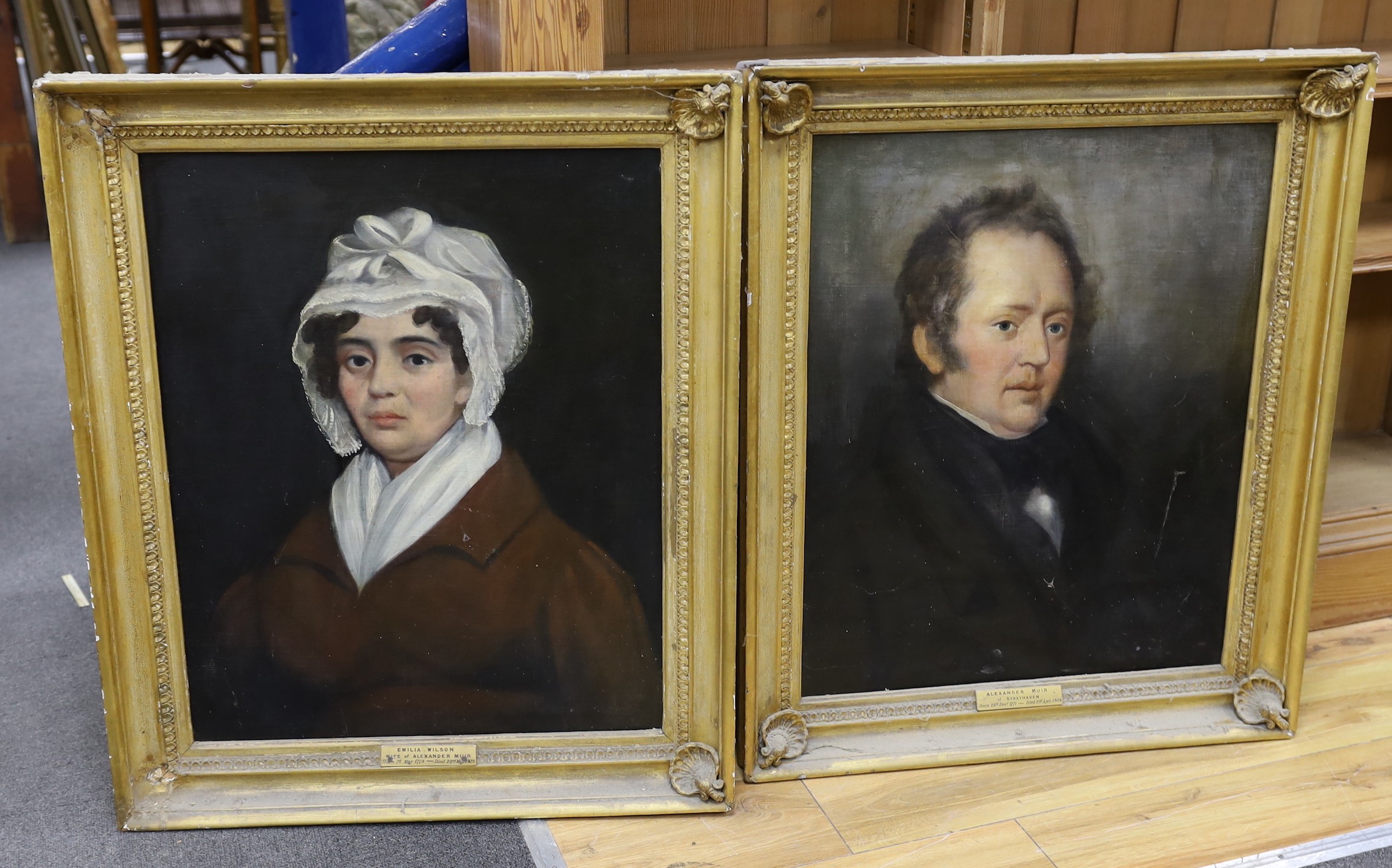 British or American School, early 19th century, pair of oils on canvas, Portrait of Emilia Wilson (1778-1837), wide of Alexander Muir, unsigned, together with a Portrait of Alexander Muir of Strathaven (1771-1858), unsig